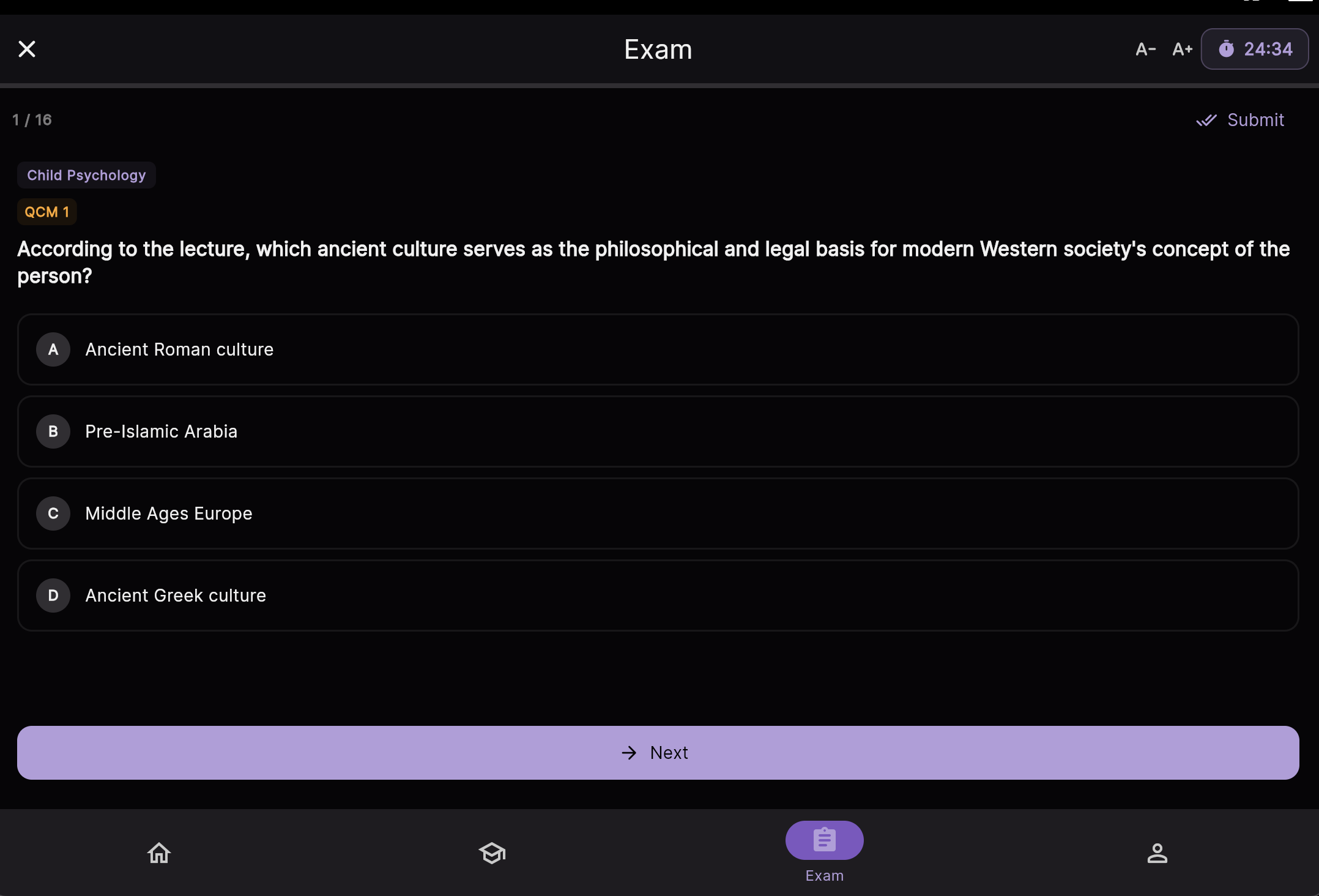Studyways — exam mode with timer, grading and detailed correction