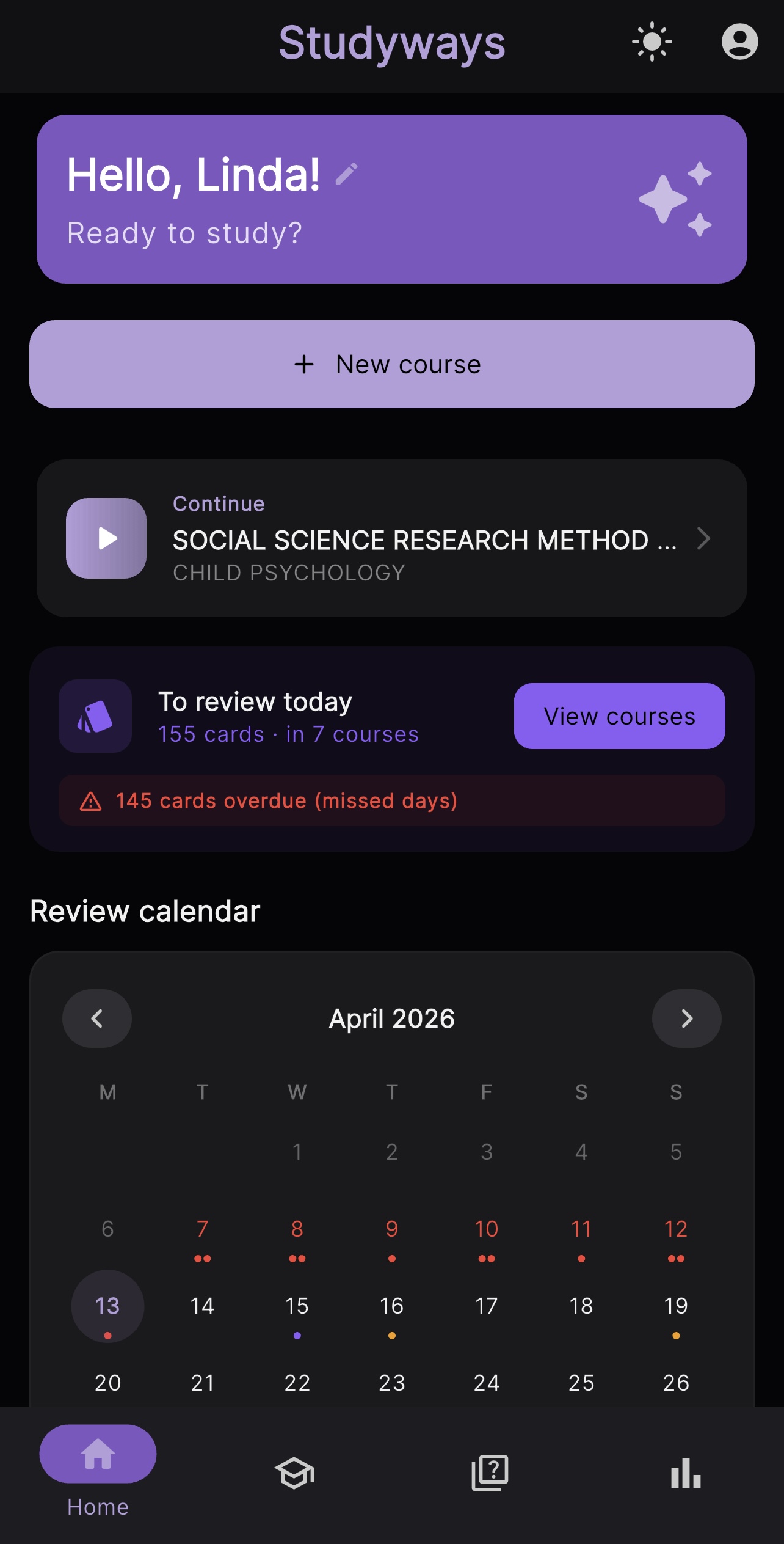 Studyways app — home screen